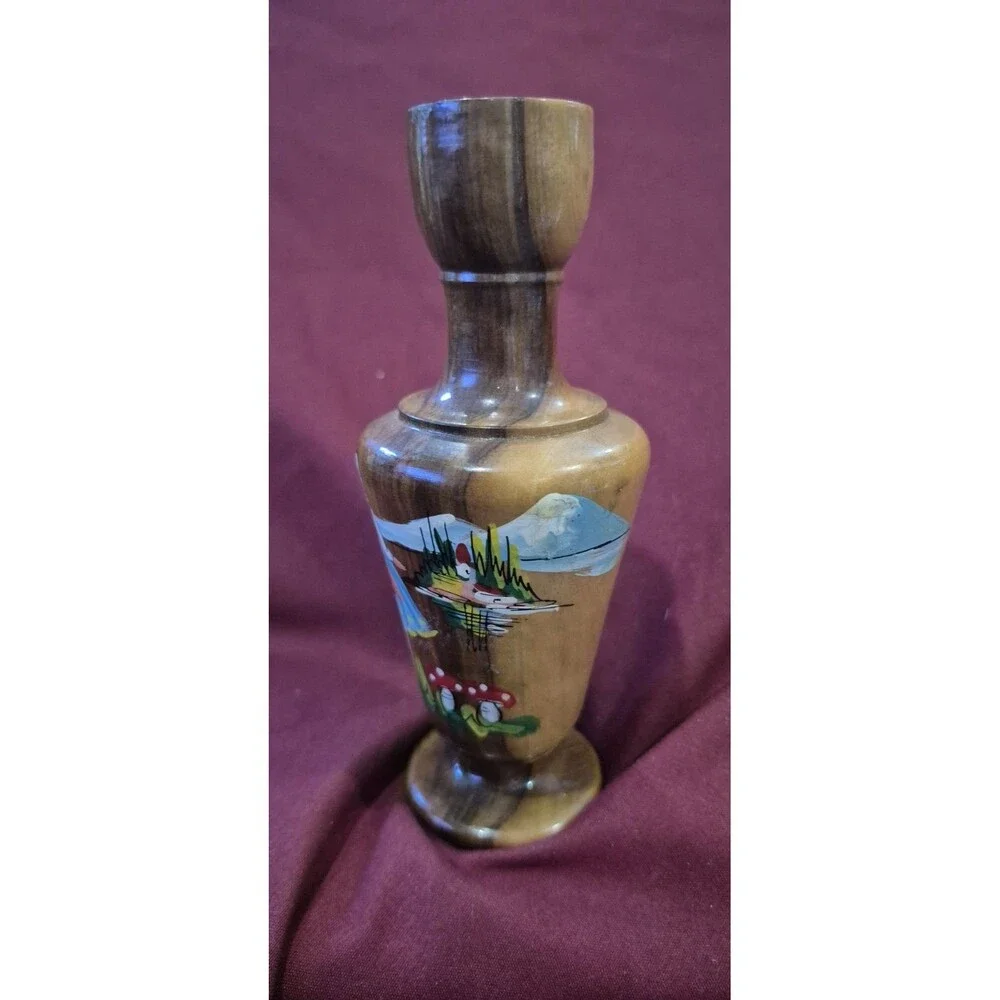 1919 Antique Olive Wooden Bud Vase Kepkypa  Hand Painted 5.5 Inch Woman Mushroom